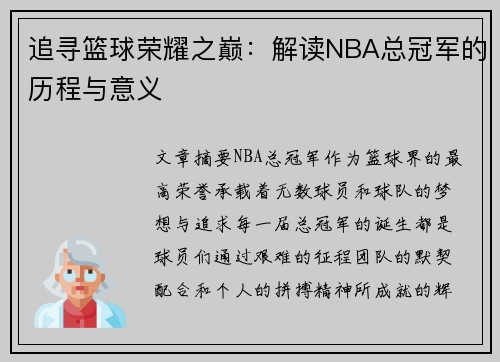 追寻篮球荣耀之巅：解读NBA总冠军的历程与意义
